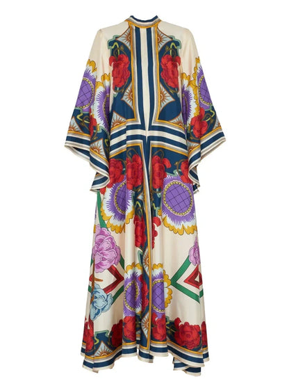 Maxi Dress con Maniche a Cascata Drappeggiate e Stampa Floreale Squisita