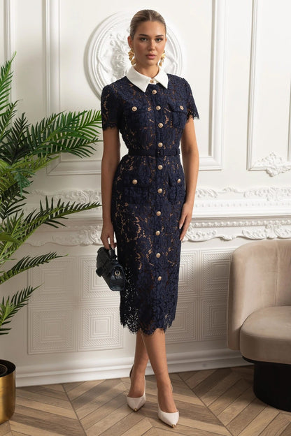 ELEONORA | Abito Midi in Pizzo con Colletto e Cintura