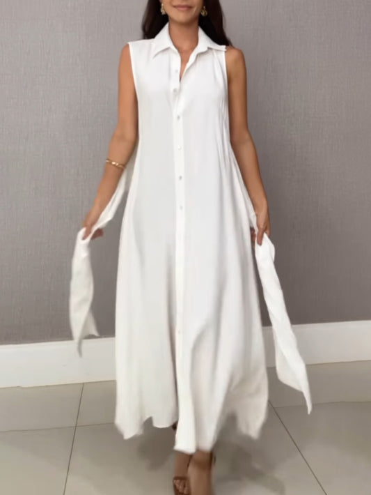 Abito Midi in Stile Camicia con Collo a V e Allacciatura