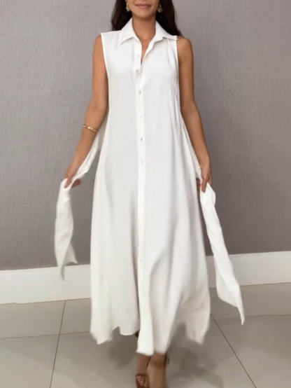 Abito Midi in Stile Camicia con Collo a V e Allacciatura