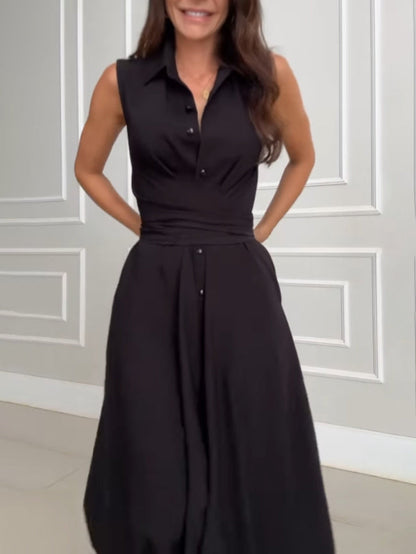Abito Midi in Stile Camicia con Collo a V e Allacciatura