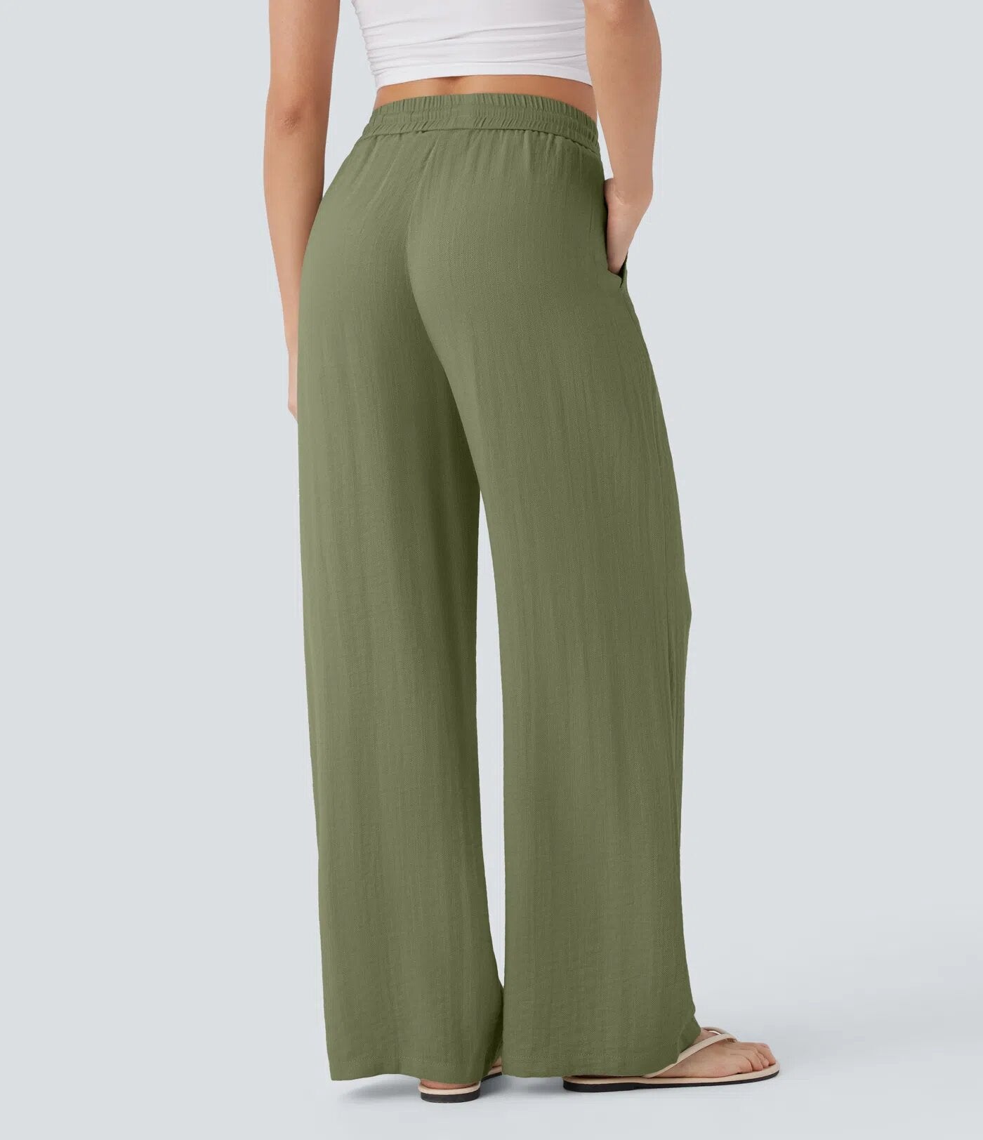 Pantaloni in Lino a Vita Alta con Tasche Laterali