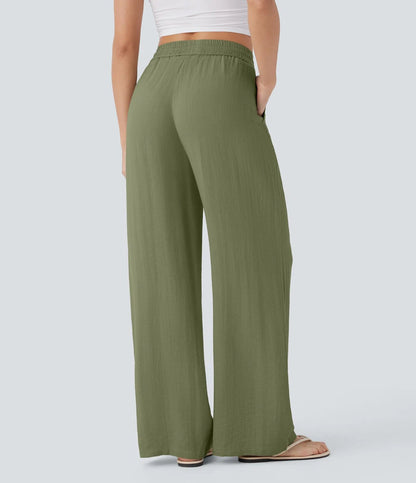 Pantaloni in Lino a Vita Alta con Tasche Laterali