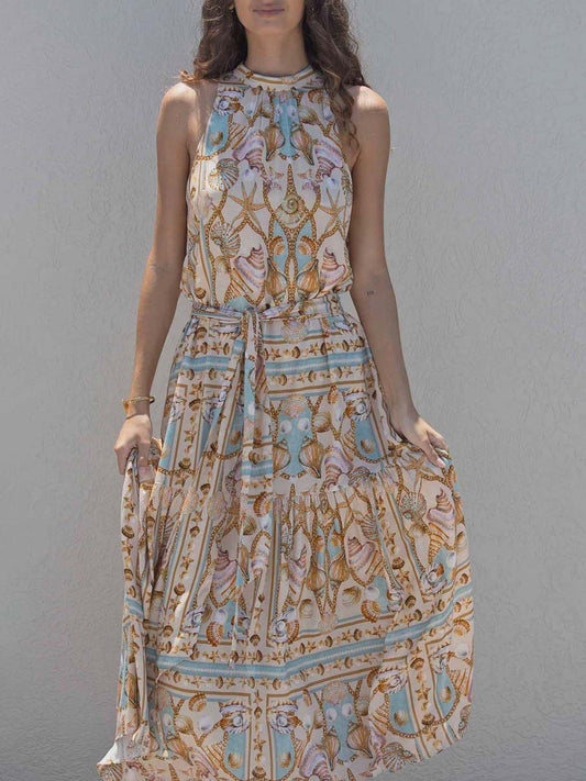 Maxi Dress Stampato in Raso Ocean Treasure