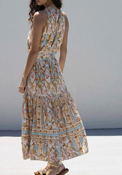 Maxi Dress Stampato in Raso Ocean Treasure