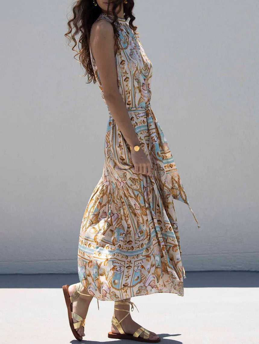 Maxi Dress Stampato in Raso Ocean Treasure