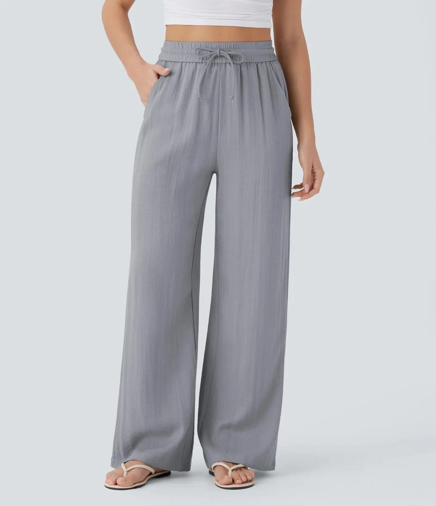 Pantaloni in Lino a Vita Alta con Tasche Laterali