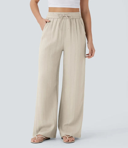 Pantaloni in Lino a Vita Alta con Tasche Laterali