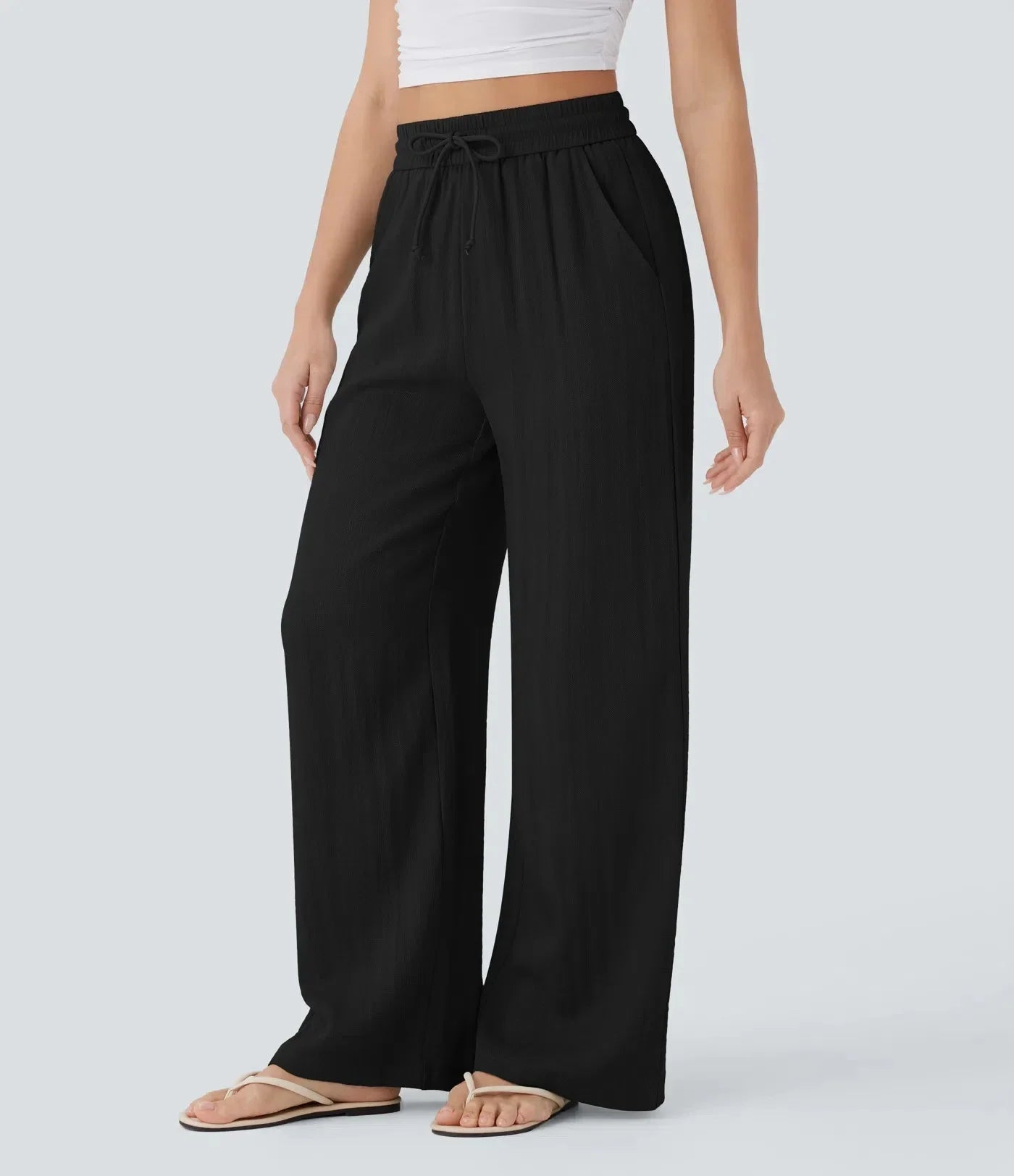 Pantaloni in Lino a Vita Alta con Tasche Laterali