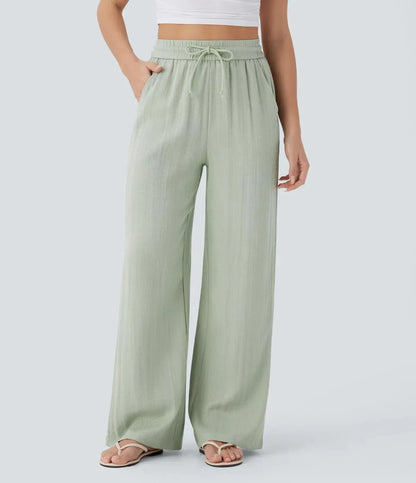 Pantaloni in Lino a Vita Alta con Tasche Laterali