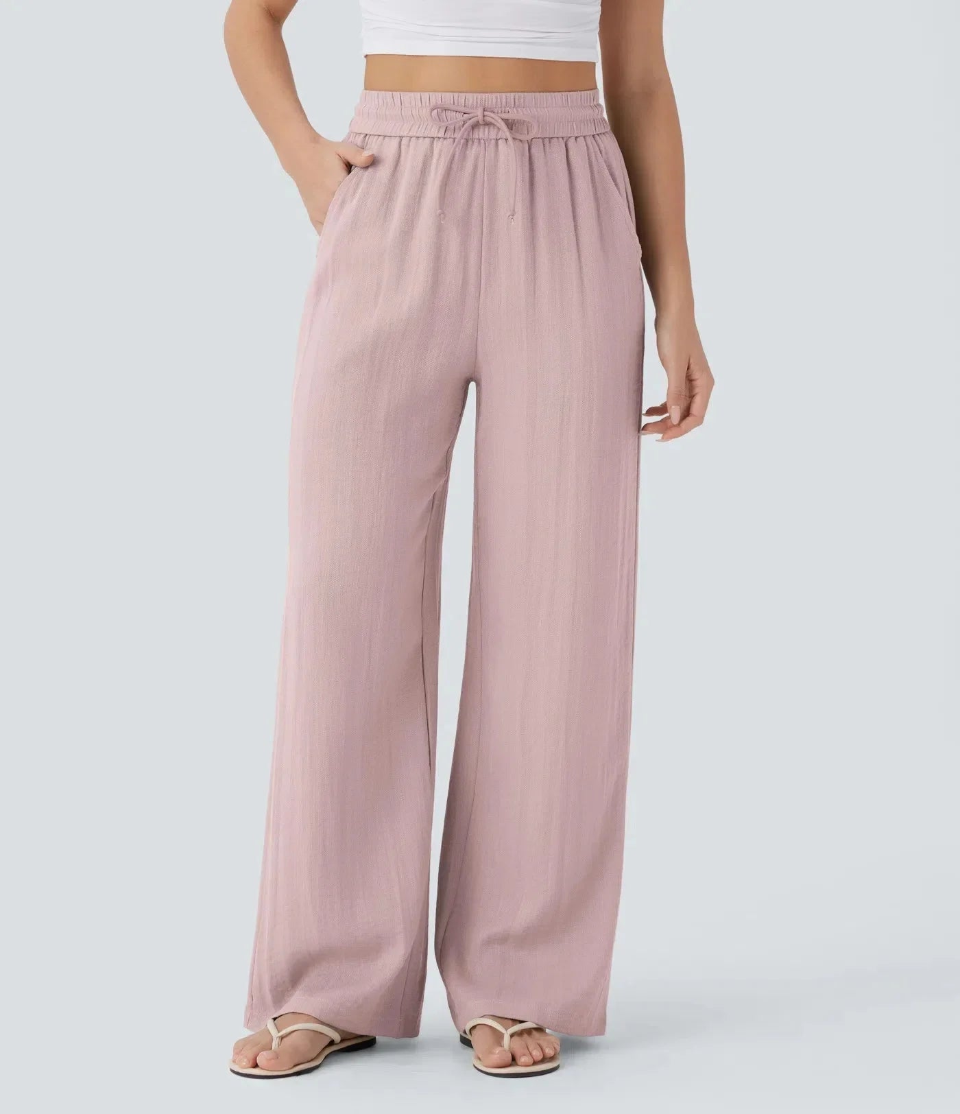 Pantaloni in Lino a Vita Alta con Tasche Laterali