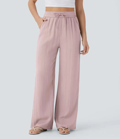 Pantaloni in Lino a Vita Alta con Tasche Laterali