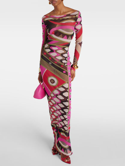 Abito Maxi Hip-Wrapped con Stampa Astratta Retro
