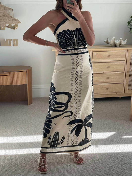 Abito Maxi Elegante e Sexy con Stampa Etnica e Scollo Halter