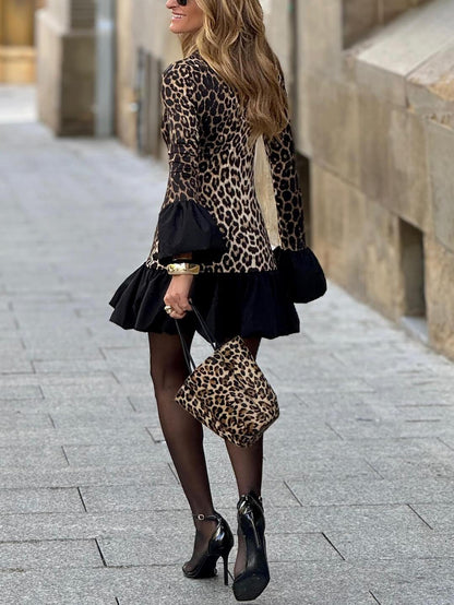 Mini Abito Ruffle con Stampa Leopardata Sexy