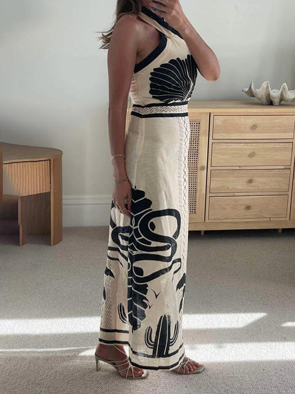 Abito Maxi Elegante e Sexy con Stampa Etnica e Scollo Halter